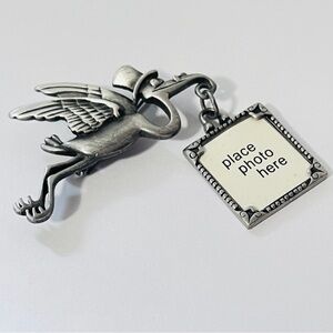 Silvertone Stork Bird Photo Frame Brooch Pin JJ JOHNETTE